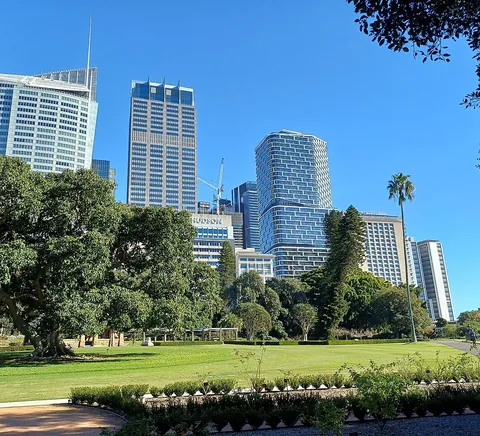 Royal Botanic Garden lawn, paths and planted landscape with Sydney towers beyond, 2026.